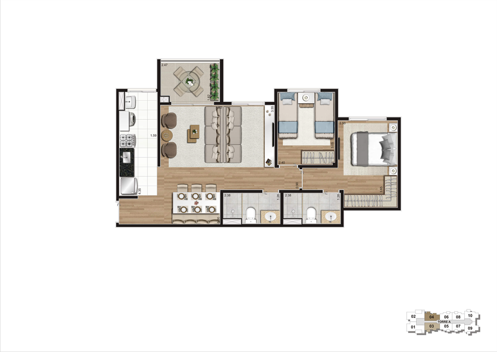 Planta Opção 67m² | Praças da Cidade - Praça Mooca – Mooca - São Paulo - São Paulo Planta Opção 67m² | Praças da Cidade - Praça Mooca – Apartamento na Mooca - São Paulo - São Paulo